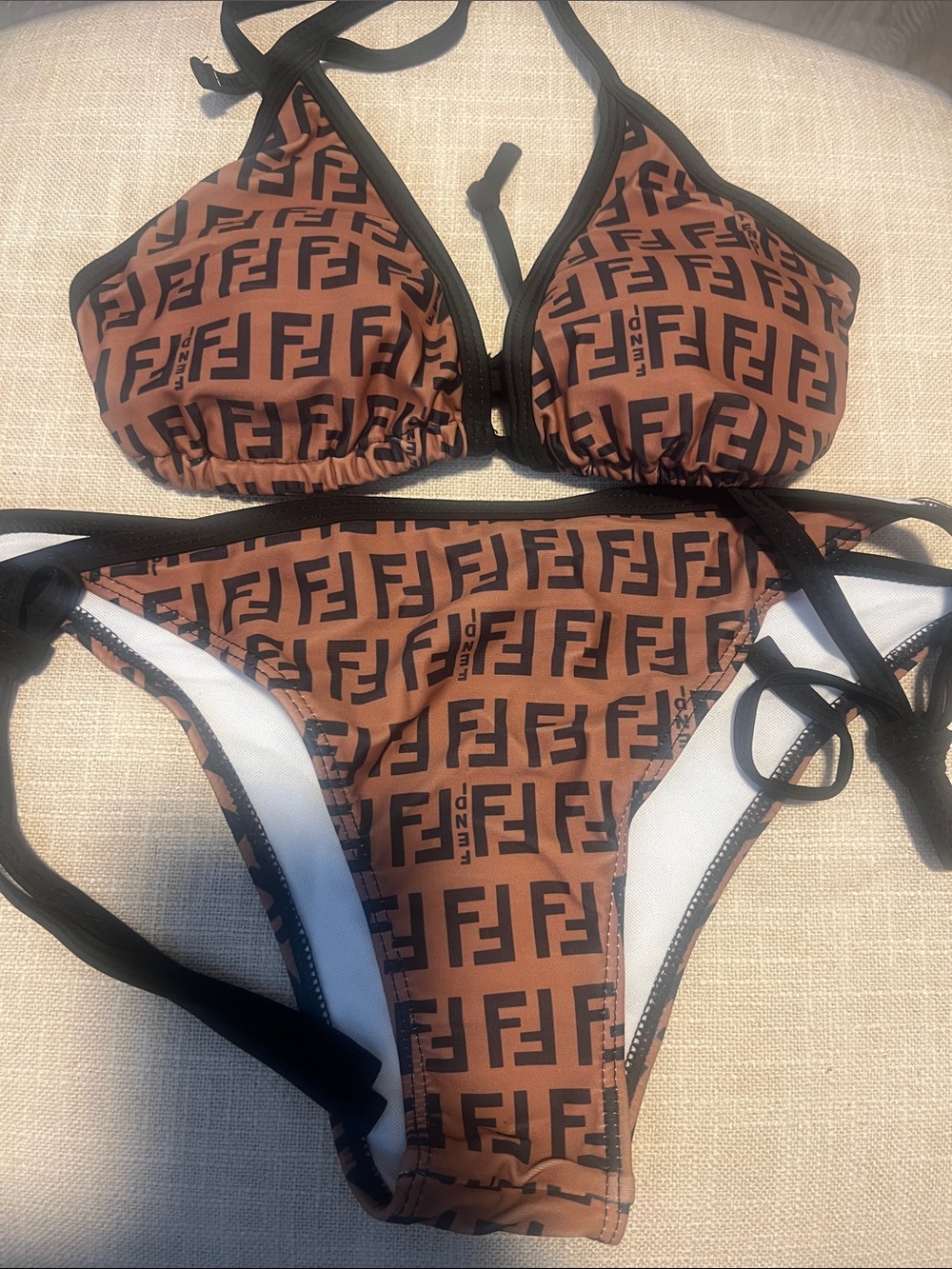 Brown FF Logo Triangle Bikini with Black Trim